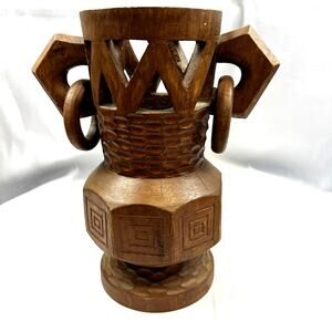 Rare Vintage Wood Carved water urn vase handmade loops handle art collectable
